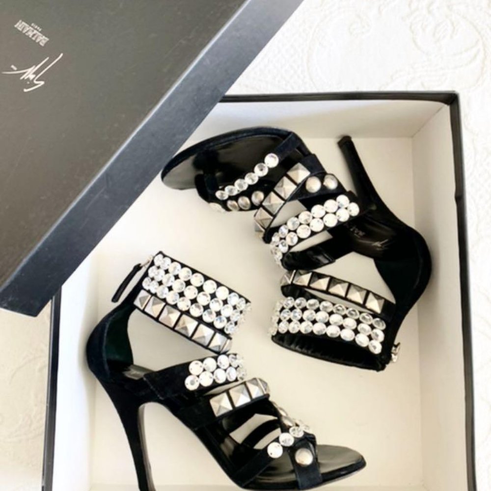 [SOLD] Giuseppe Zanotti x Balmain Black Suede Rhinestone Evening Sandals Heels - Picture 2 of 10